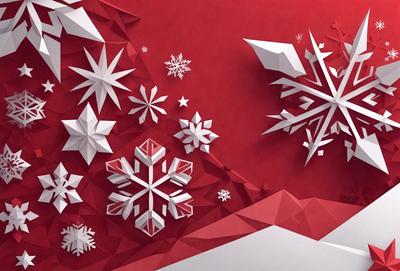 The primary subject of the image is a large, intricate snowflake design. The setting is a red background, which adds a vibrant and festive touch to the scene. The visual style is a combination of digital art and illustration, creating a unique and eye-catching design. The colors and mood of the image are predominantly red and white, giving it a warm and inviting atmosphere.